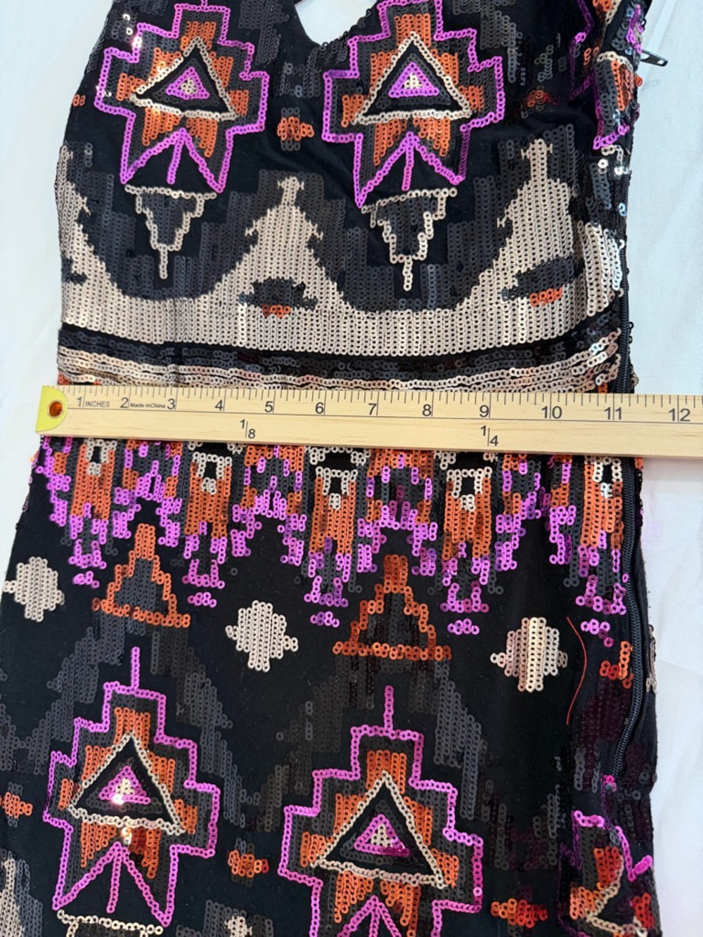 Sequin Mini Dress Size 1 Black Pink Geometric Aztec Strappy Party - Picture 13 of 15
